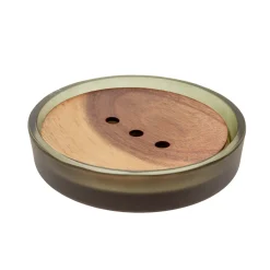 Jabonera de Vidrio Verde y Madera de Acacia 11,3 × 2,3 cm