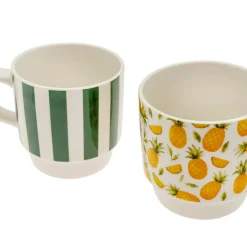 Pack de 2 Tazas de Cerámica Piñas y Rayas Verdes 310 m
